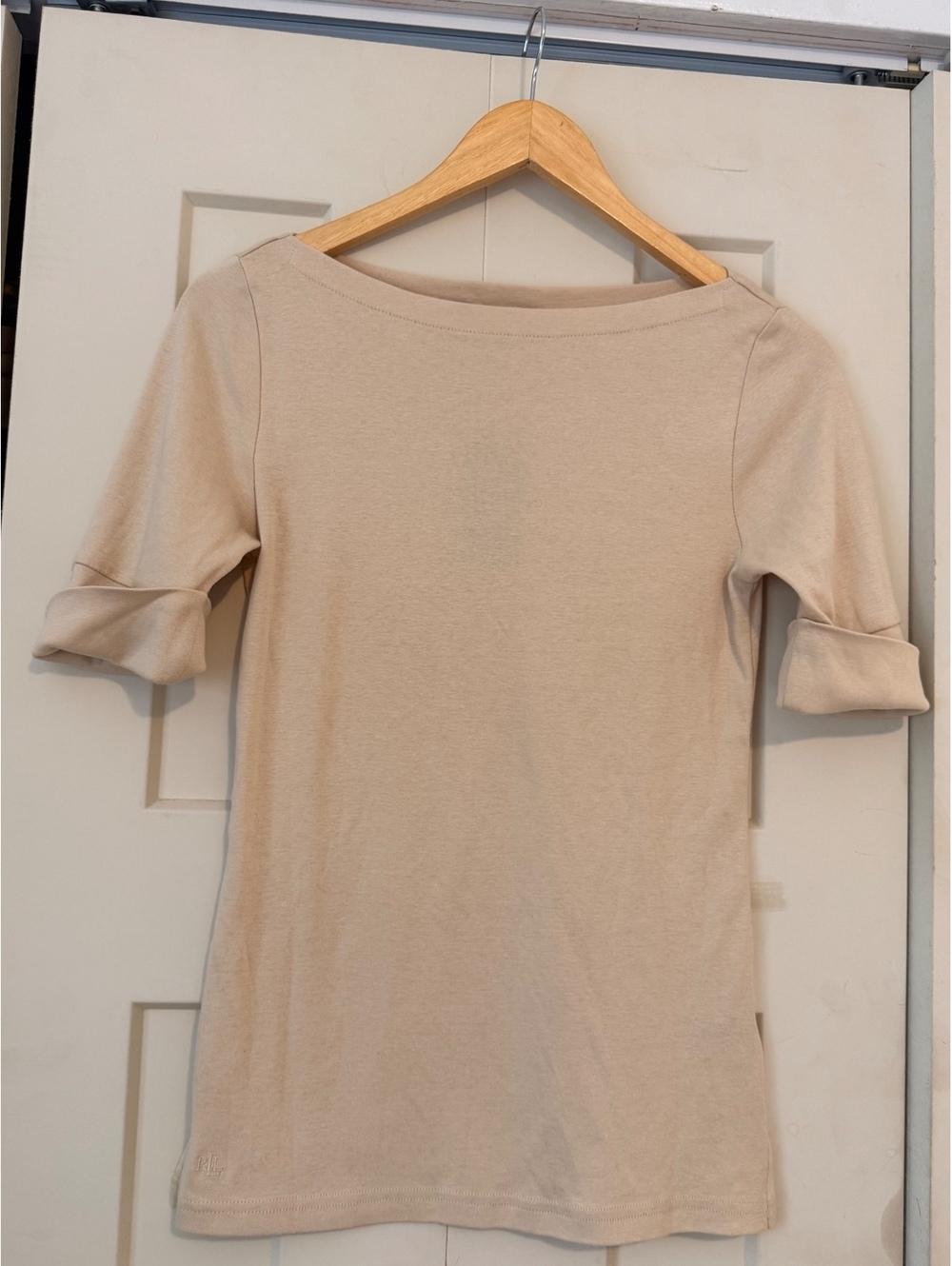 NEW* Ralph Lauren 100% cotton beige tan cuffed short sleeves top blouse small s